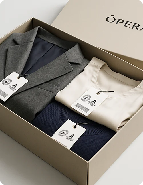Opera-branded box of folded garments tagged for resale recovery