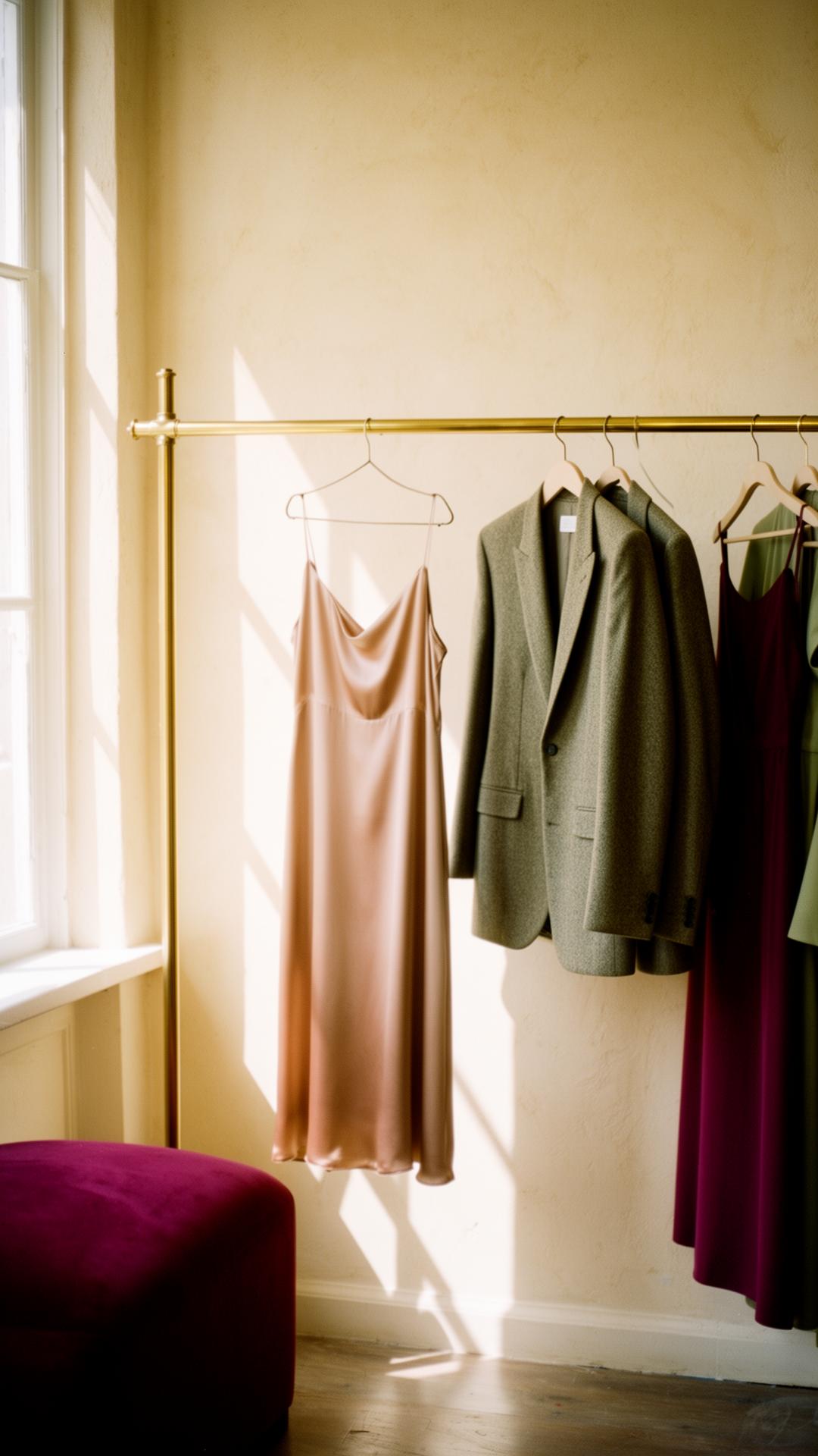 Atelier interior with silk slip dress and tailored garments